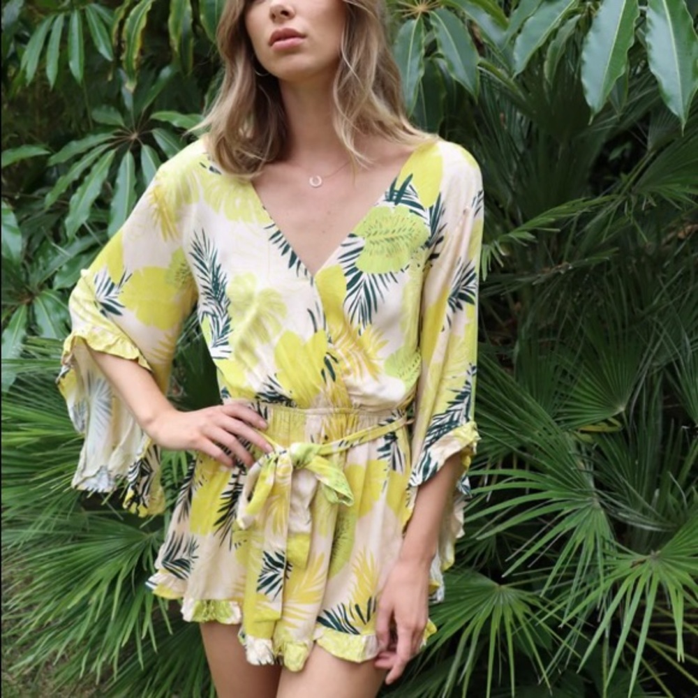 ABA Tropical Summer Yellow Romper S/M NEW